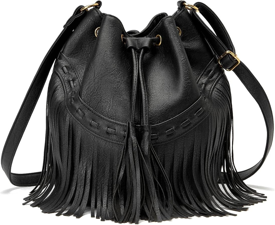 Leather Bucket Bags for Women Crossbody Fringe Purses with Drawstring Ladies Tassel Hobo and Shou... | Amazon (US)