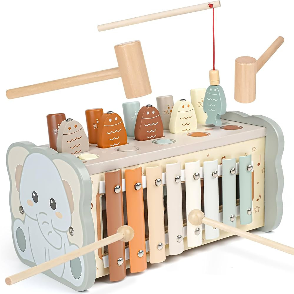 Joyreal Wooden Montessori Toys for 1 Year Old - Hammering Pounding Toy with Xylophone & Fishing G... | Amazon (US)