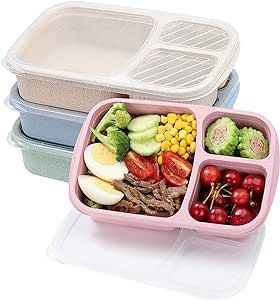 buluker 4 Pack Bento Lunch Box Set 3 Compartment Wheat Straw Meal Prep Food Storage Containers Pl... | Amazon (US)