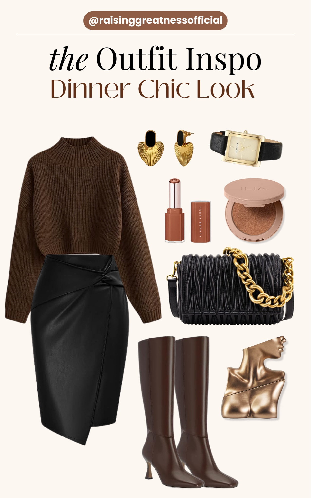 🍷✨ Effortless dinner date style! Elevate your look with this chic combo: a cozy knit sweater, leather wrap skirt, knee-high boots, and gold accessories. Perfect for a classy night out. #DinnerOutfit #ChicStyle #FashionInspo #FallFashion #RaisingGreatness
