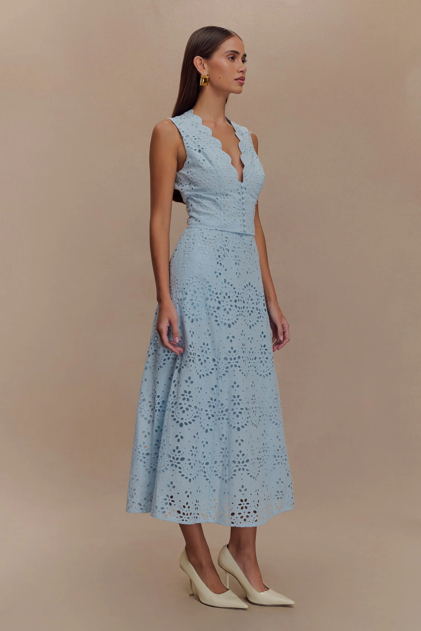 Arla Broderie Midi Skirt - Pale Cornflower Blue | Meshki (APAC)