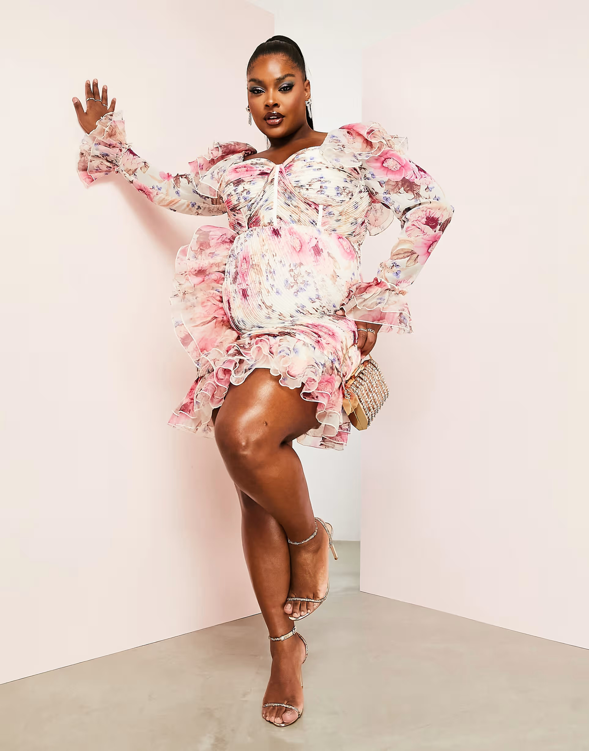 ASOS LUXE Curve organza ruffle ruched long sleeved mini dress in floral print | ASOS (Global)