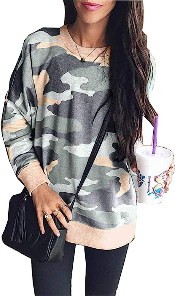 LANREMON Womens Camo Shirts Leopard Printed Sweatshirt Long Sleeve Fashion T-shirt Casual Loose P... | Amazon (US)