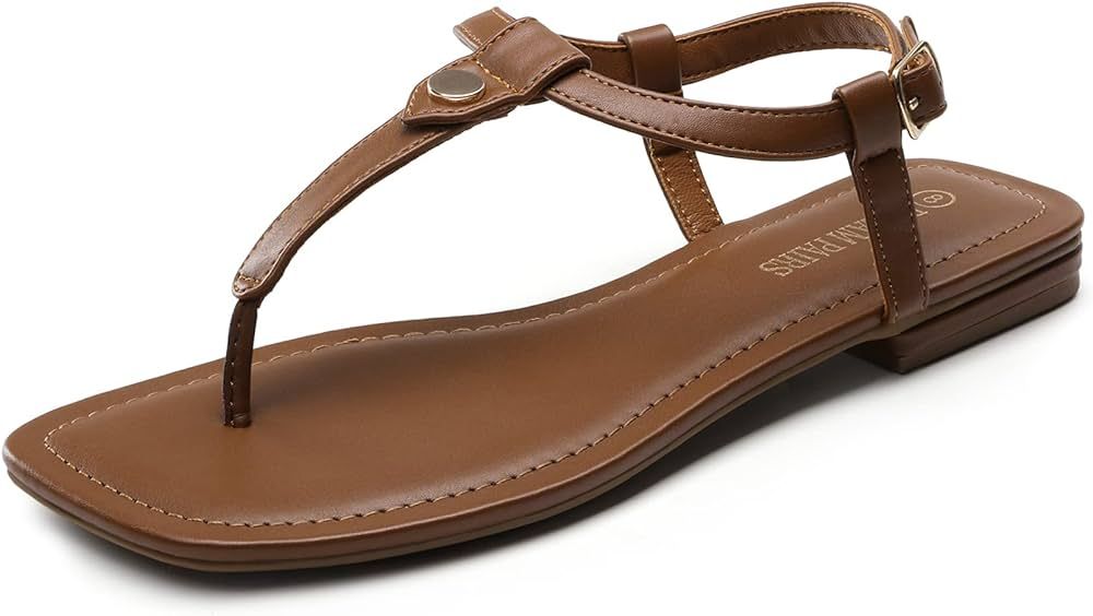 DREAM PAIRS Women's SDFS2301W T-Strap Thong Flat Sandals with Cute Square Toe Strappy for Summer | Amazon (US)
