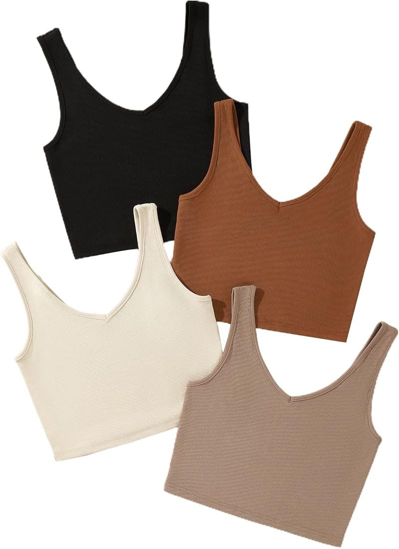 SheIn Women's 4 Pieces V Neck Sleeveless Basic Ribbed Crop Tank Top | Amazon (US)