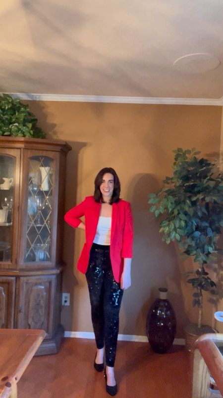 Red blazer (size small). Sequin pants (size small). Black suede flats (size 8.5). White tank (size small). #blazer #redblazer #whitetank #whitecami #cami #tank #sequinpants #pants #sequinjoggers #joggers #blackflats #flats #valentinesday #valentinesdayoutfit
Valentine’s Day Outfit 

#LTKstyletip #LTKSeasonal #LTKfindsunder100