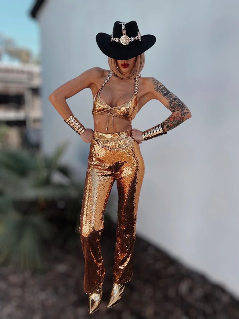 Western Gold Sequin Cowgirl Costume, Festival Sequin Pants Set, Bachelorette Spacecowboy Outfit, ... | Etsy (US)