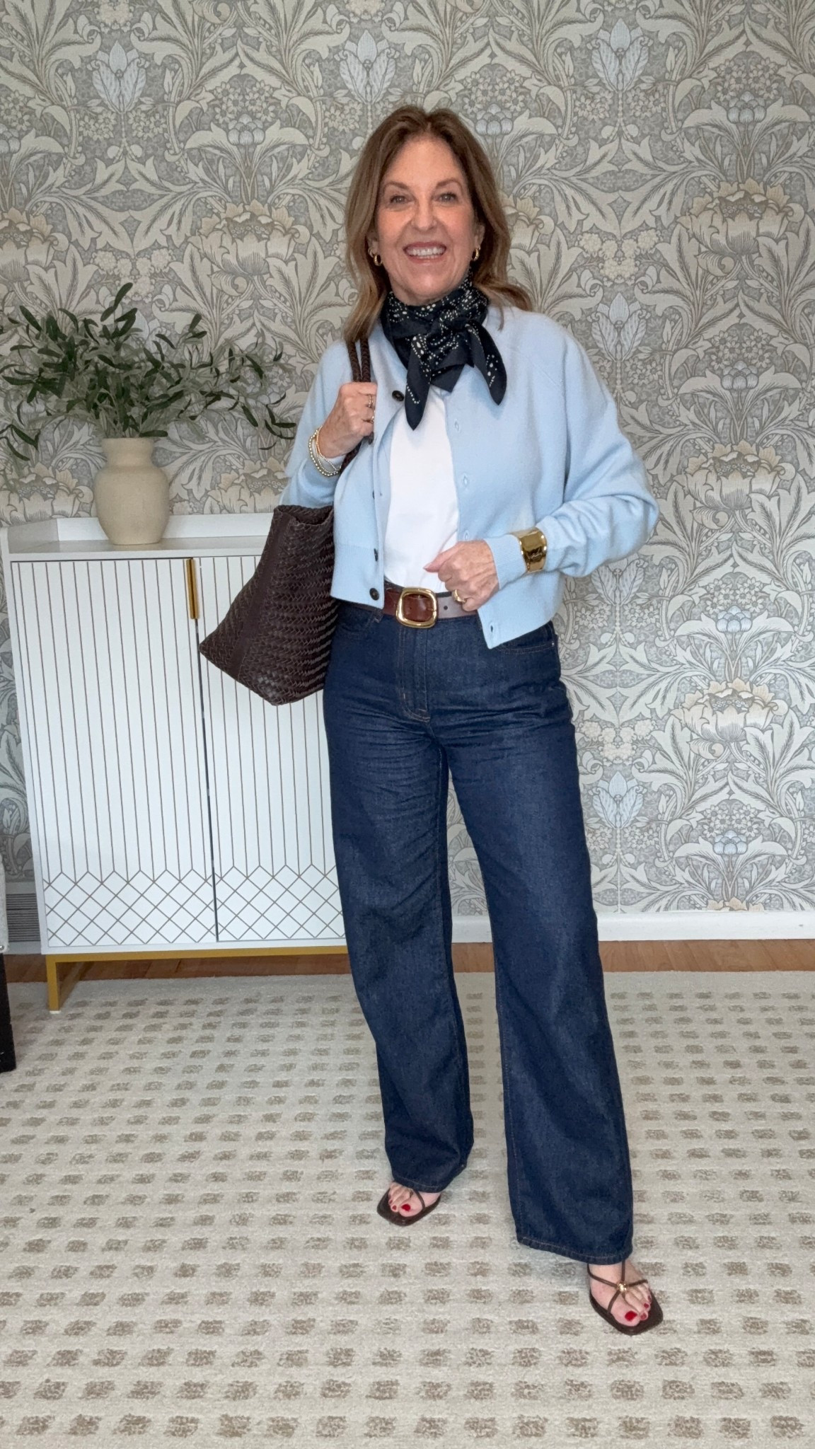 Madewell dark wash Jeans(if between sizes, size down), t-shirt, cardigan, cuff, tote, belt & scarf

Shoes from Dolce Vita. Brown, it tts and comfortable. 

Madewell- 25% off site-wide during the Insider Event. 

#LTKOver40 #LTKSpringSale #LTKootd