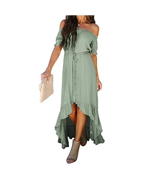 KIRUNDO 2023 Summer Women's Off Shoulder Maxi Dress Swiss Dots Short Sleeve High Waist Tiered Lon... | Amazon (US)