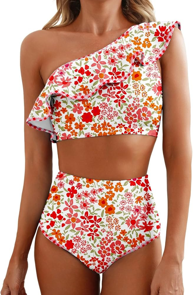 Herseas Women's One Shoulder Bikini Sets Color Block Trim Ruffle Hem Swimsuits Elegant Bathing Su... | Amazon (US)