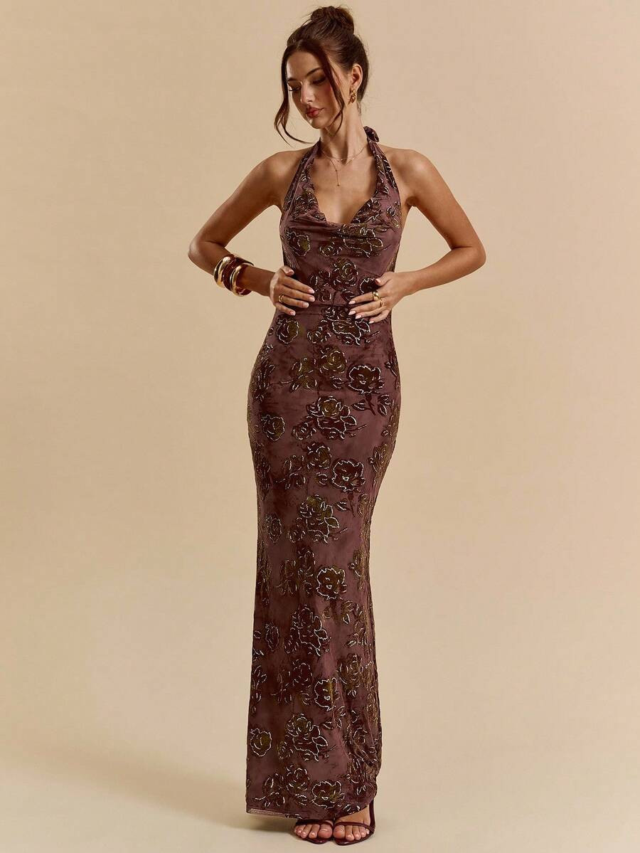 SHEIN BAE Autumn/Winter Solid Brown Textured 3D Rose Floral Flocked Draped Neck Slim Fit Extra Lo... | SHEIN