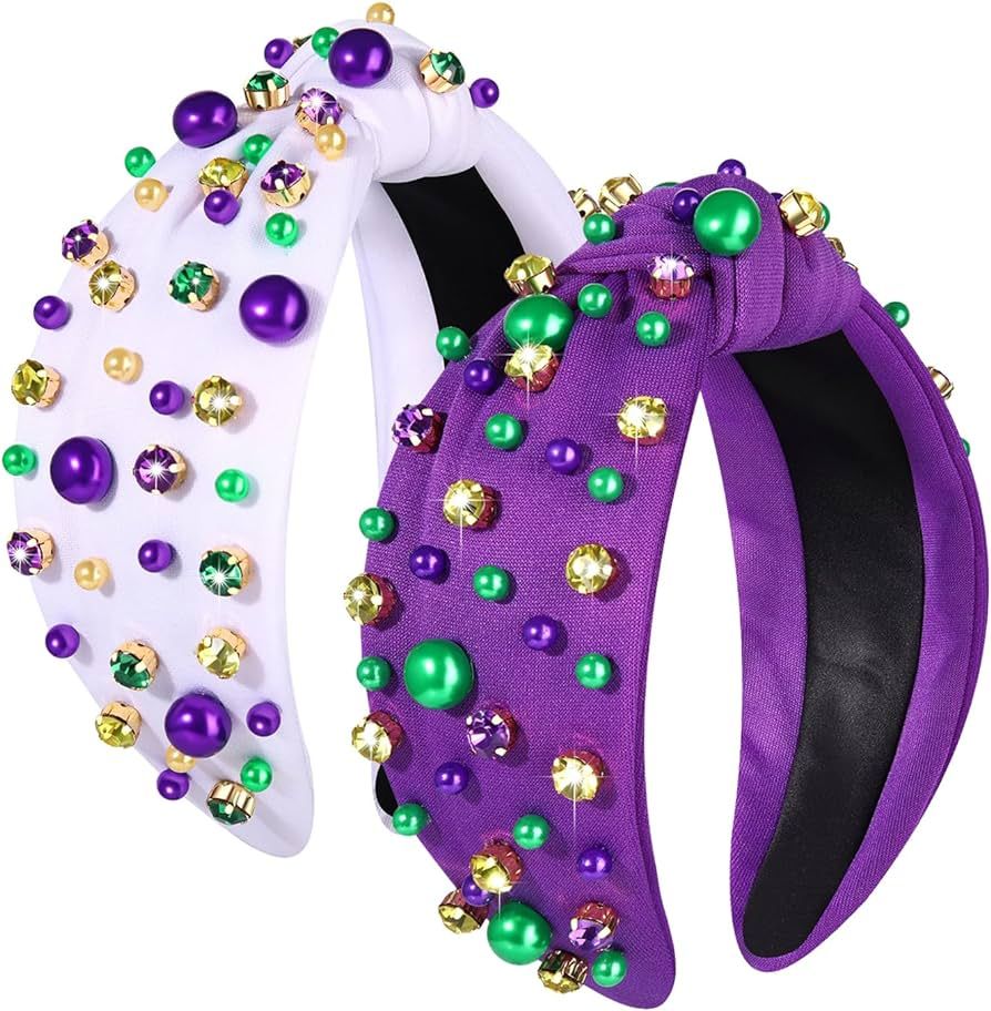 ZOLEAROPY Mardi Gras Headband for Women Purple Green Gold Pearl Rhinestone Jeweled Knotted Hairba... | Amazon (US)