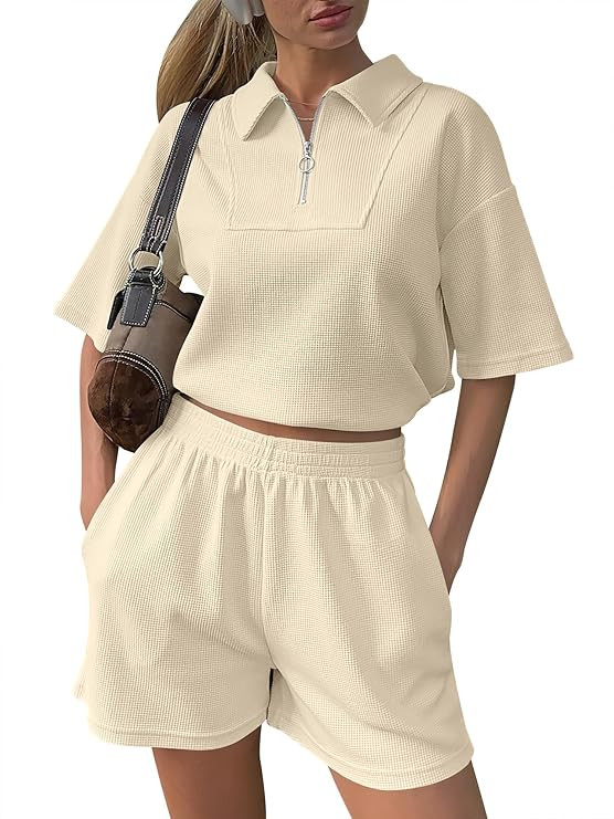 ANRABESS Women's 2 Piece Outfits Half Zip Lapel Collar Short Sleeve Drawstring Crop Tops Short Pa... | Amazon (US)