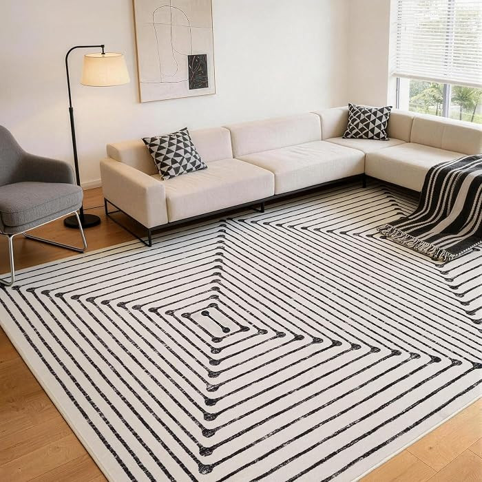Washable 8x10 Area Rugs for Living Room, Black and White Striped Rug for Bedroom Non Slip Low Pil... | Amazon (US)