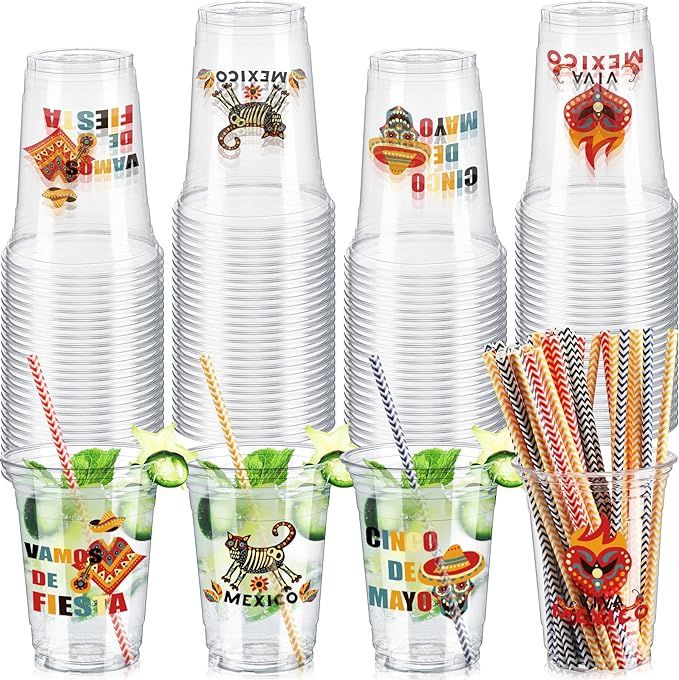 Tanlade 48 Pcs 16 oz Fiesta Cups, Mexican Cups Disposable Plastic Cups with Straw Mexican Theme C... | Amazon (US)