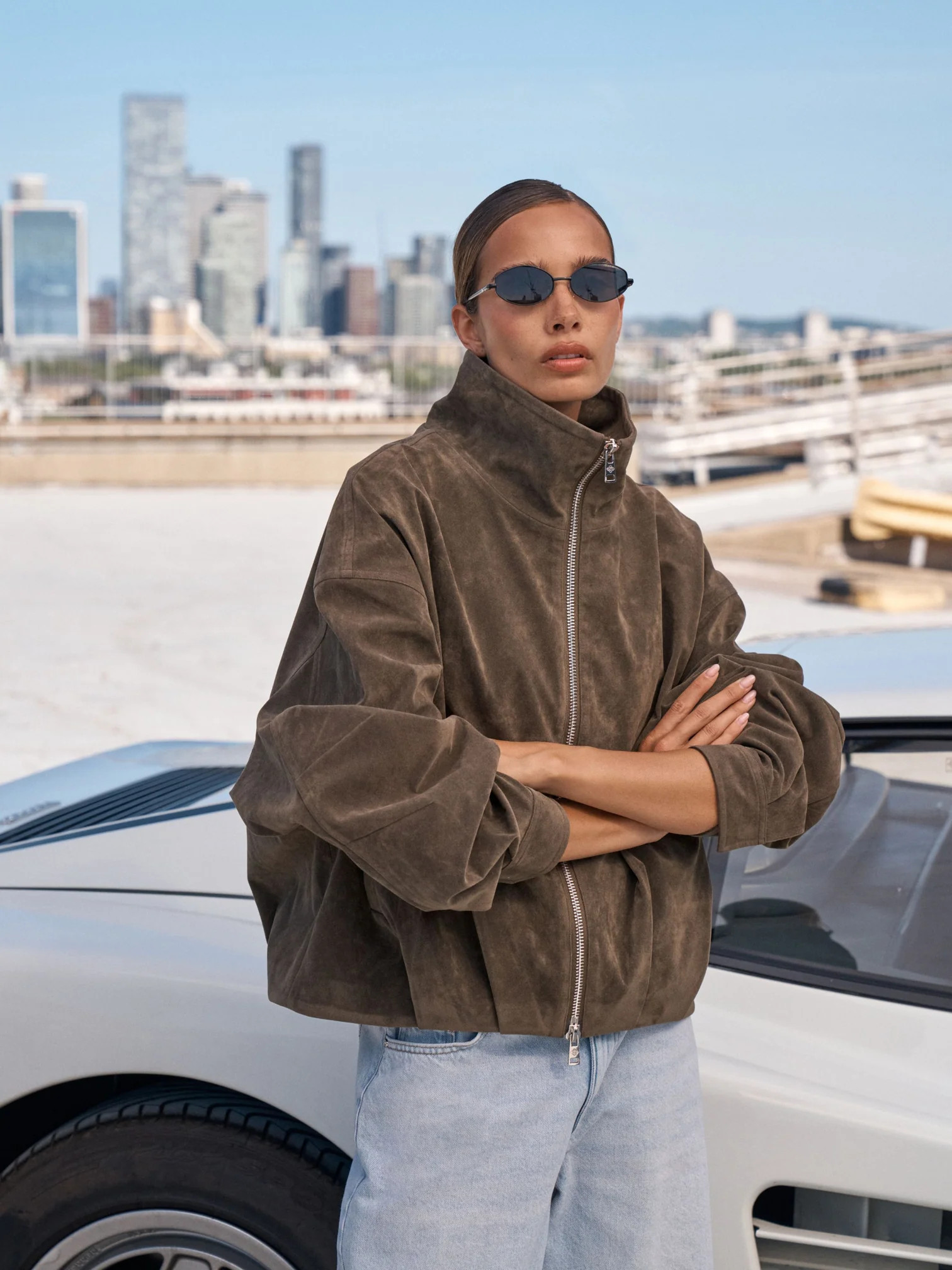 SUEDE FUNNEL NECK JACKET - BROWN | The Couture Club