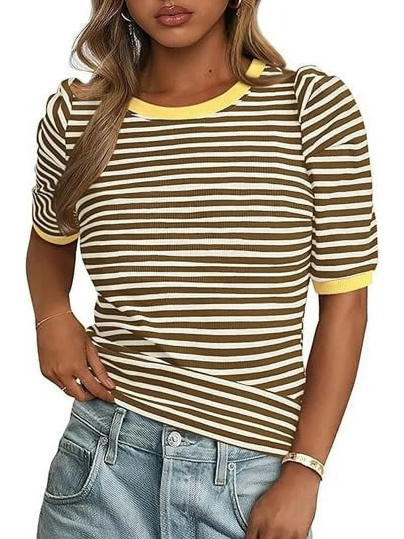 PRETTYGARDEN Women's Summer Puff Sleeve Tops Casual Ribbed Knit Crop Top Color Block Trendy Crewn... | Walmart (US)