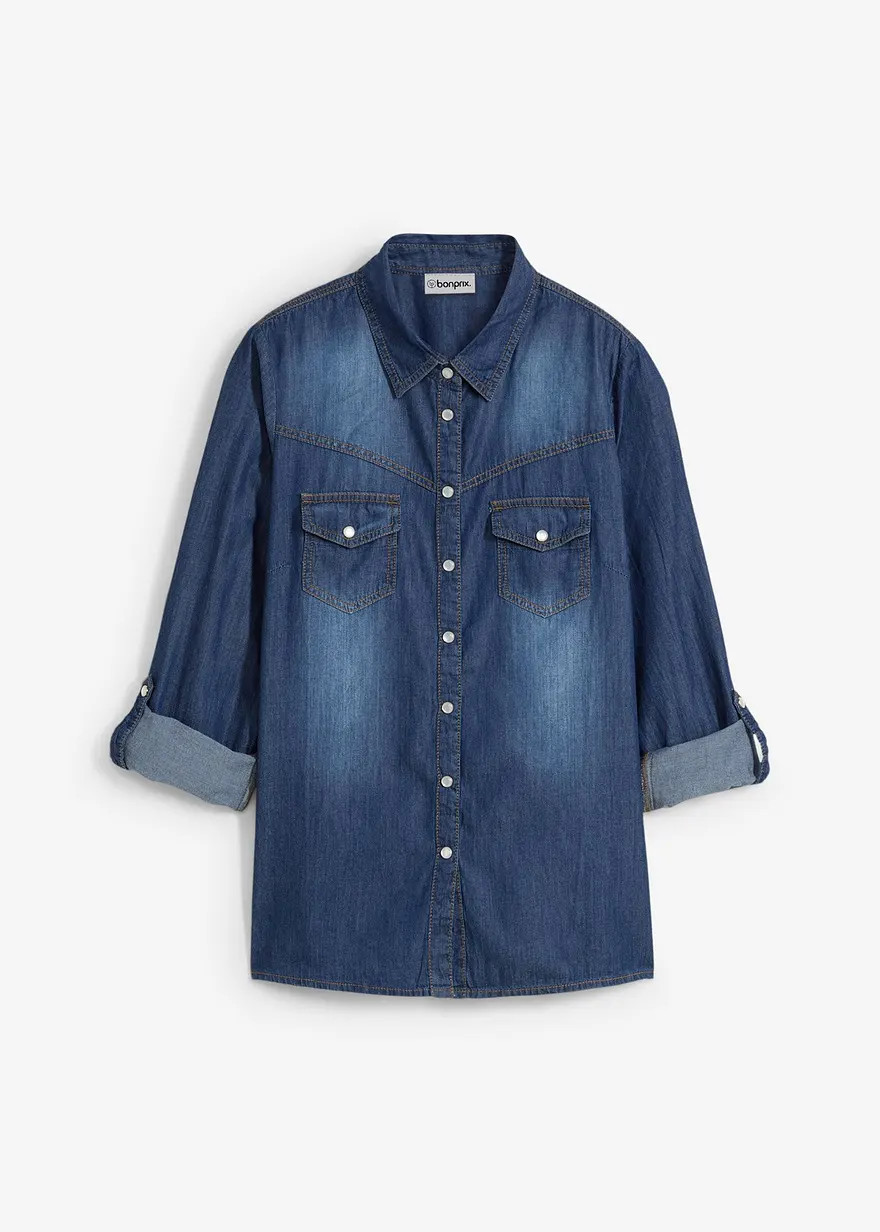 L\u00e4ssiges Basic-Jeanshemd mit \u00c4rmelriegeln - blau | bonprix | Bonprix DE