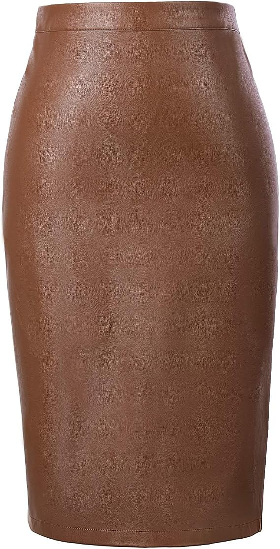 Kate Kasin Women's Faux Leather Pencil Skirt Elegant High Waist Bodycon Skirt Back Split | Amazon (US)