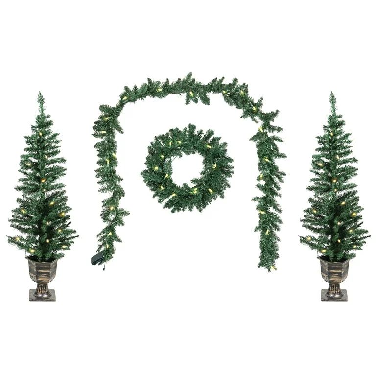 Good Tidings Classic Holiday 4- Piece Porch Set, Lit Wreath, Garland and 2 Trees | Walmart (US)