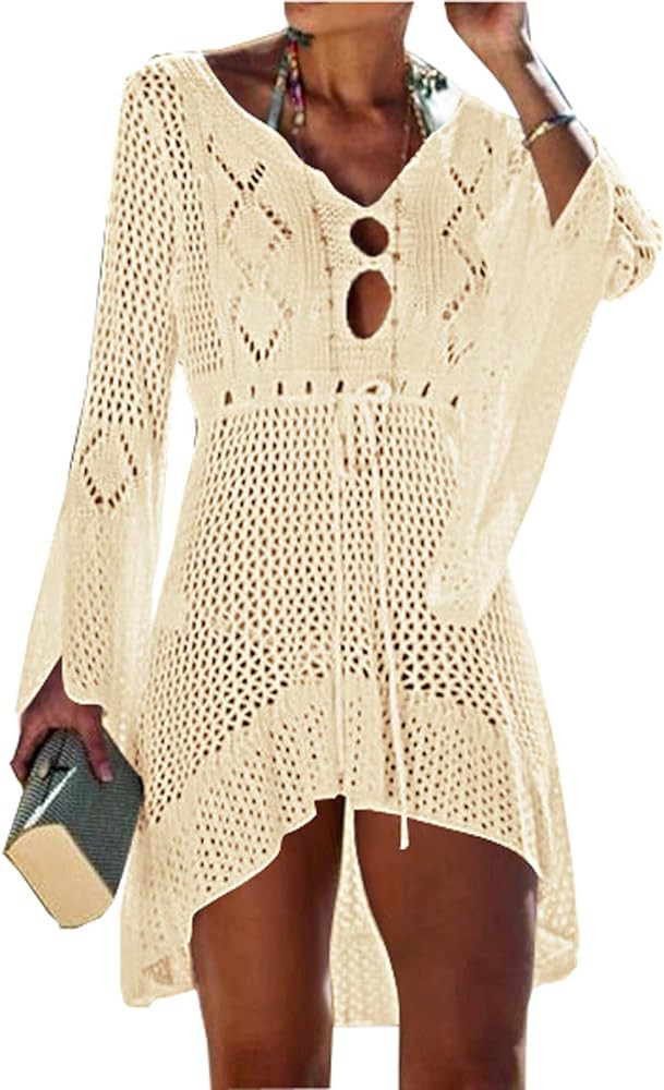 Wander Agio Beach Tops Sexy Floral Coverup Dresses Bikini Cover-ups Net Hollow Out | Amazon (US)