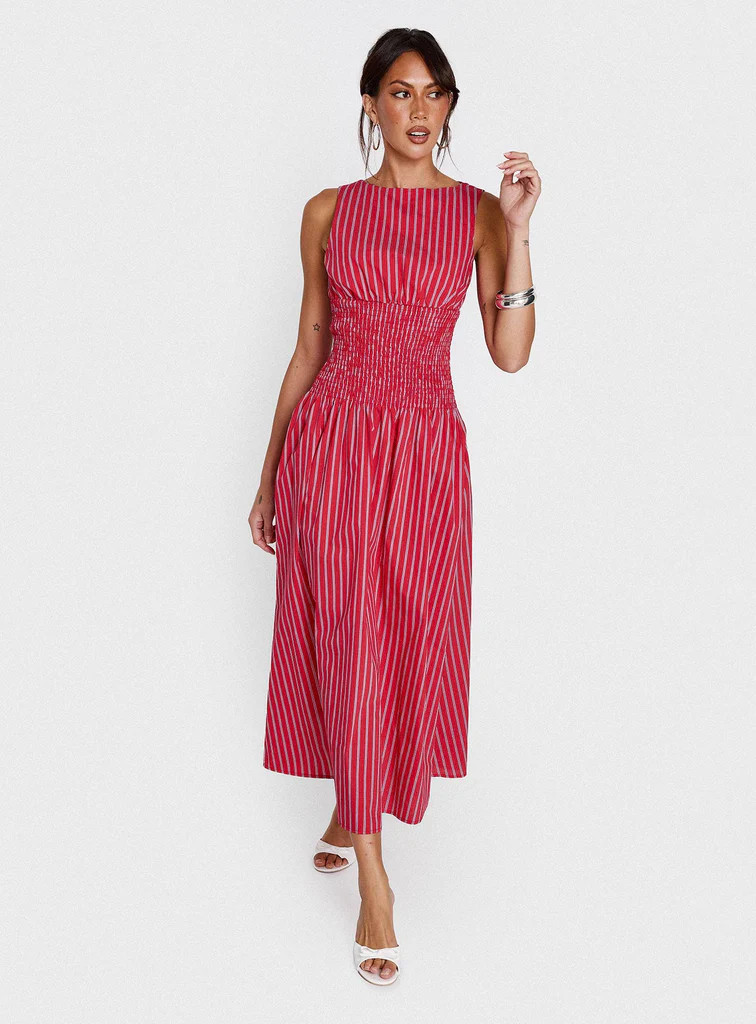 Lilienne Cotton Poplin Maxi Dress Red Stripe | Princess Polly US
