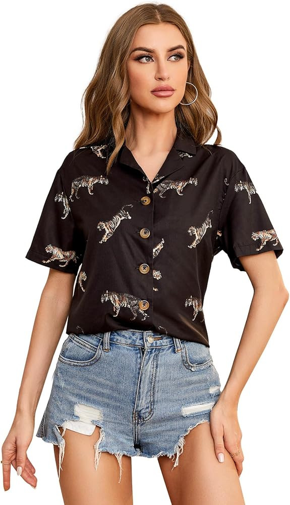 SweatyRocks Women's Short Sleeve Cute Print Button Down Shirt Tops | Amazon (US)