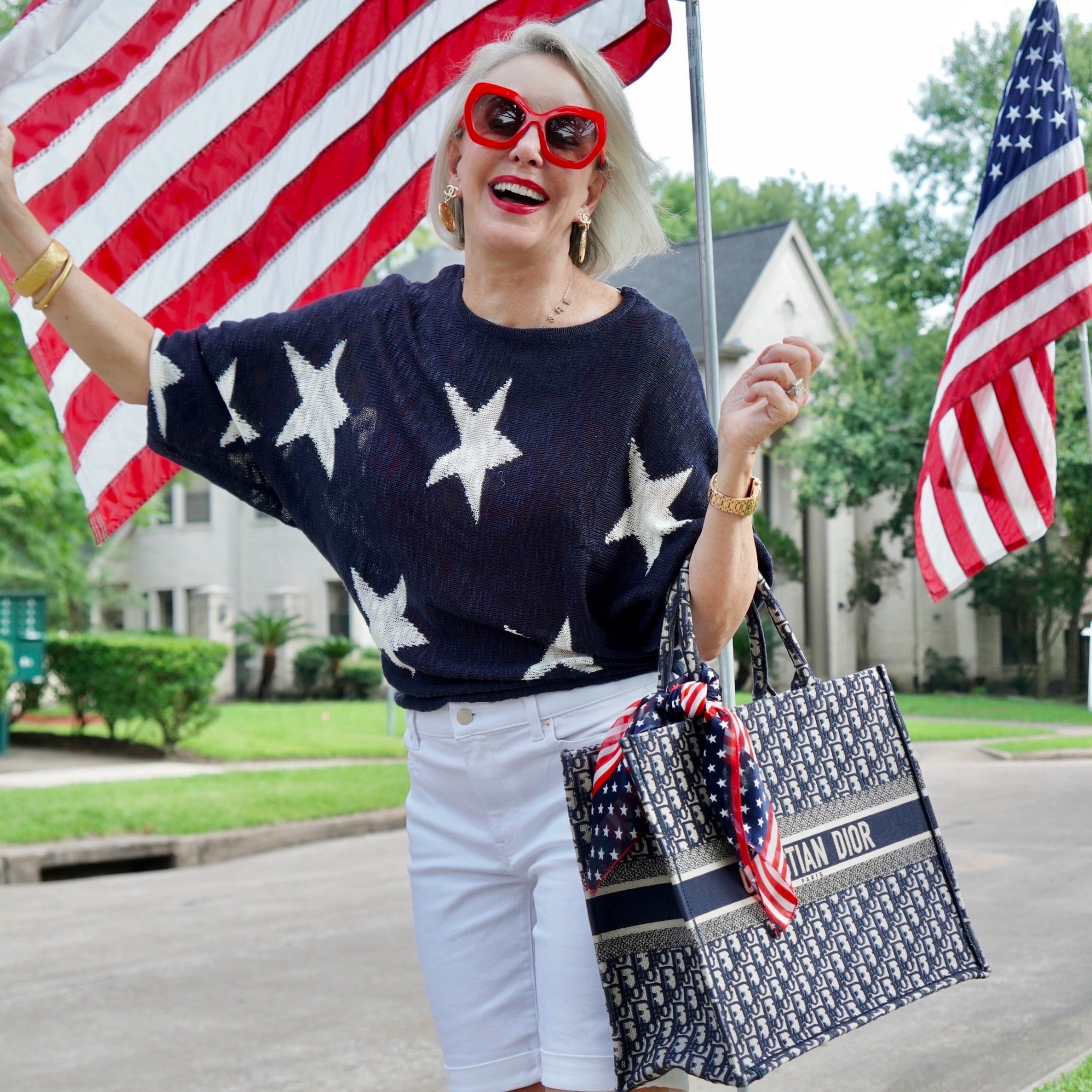 Long sleeve star pullover lightweight sweater 
White Denim shorts
Red sunglasses
Red white and blue square scarf 
Red sneakers by easy spirit
4th of July look 

#LTKItBag #LTKOver40 #LTKFindsUnder50