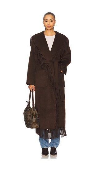SIMKHAI Carrie Fringe Robe Coat in Brown. - size XS | Revolve Clothing (Global)