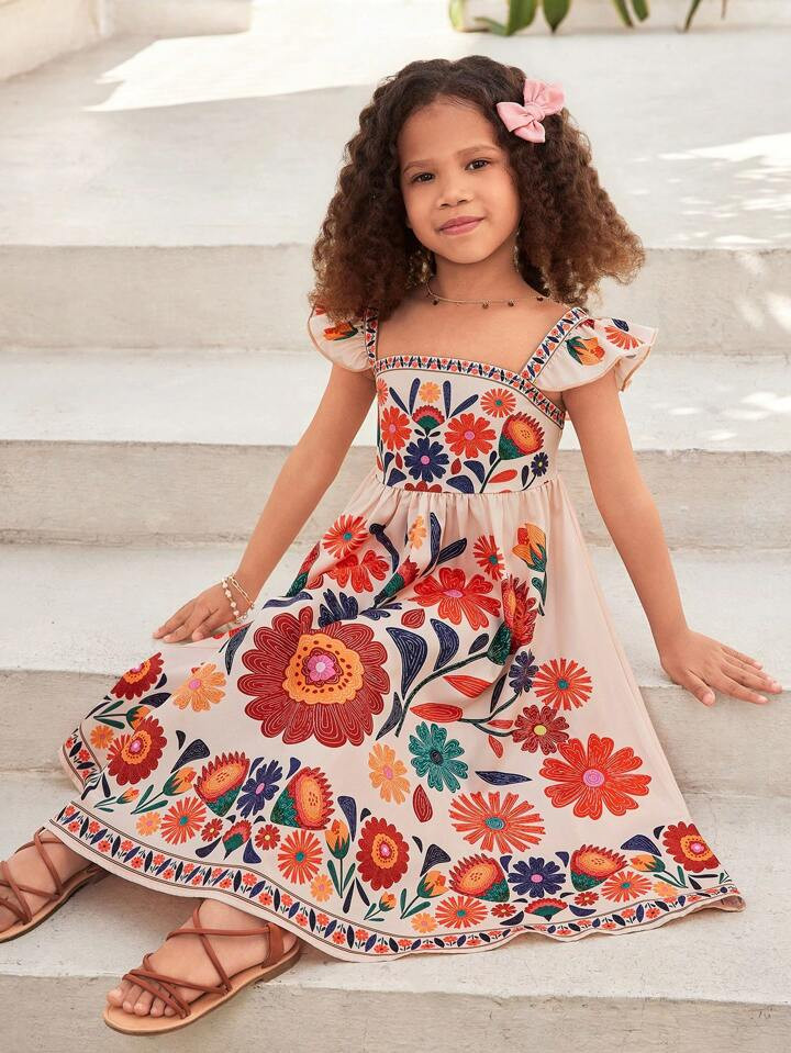 SHEIN SLAYR KIDS Young Girl Vacation Casual Floral Print Square Neck Ruffle Hem Form-Fitting Dres... | SHEIN