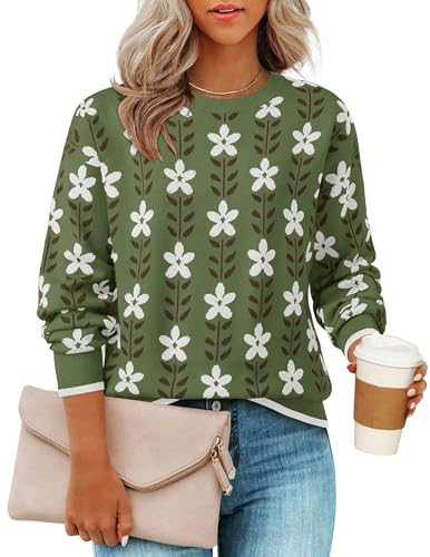 ZESICA Women's Long Sleeve Crewneck Sweater 2025 Fall Printed Cute Oversized Knitted Pullover Tops Trendy Clothes,DustyGreen,Large | Amazon (US)