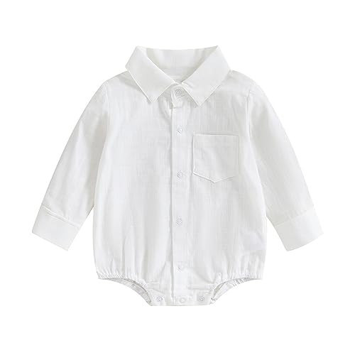 Sprifallbaby Baby Boy Button Down Shirt Newborn Solid Color Long Sleeve Romper Gentleman Lapel Bodysuit with Pocket (White, 0-6 Months) | Amazon (US)