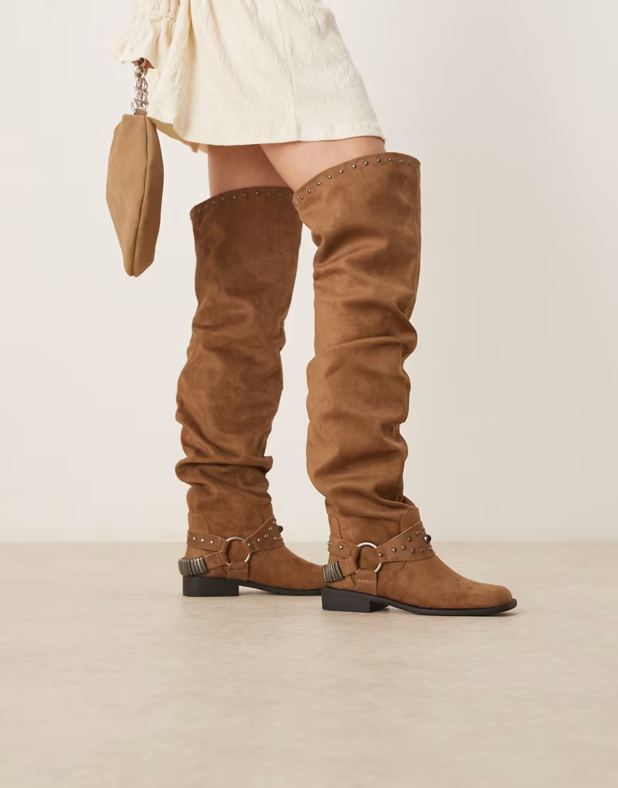 ASOS DESIGN Kimmy suedette over the knee boots with harness details in sand-Brown | ASOS (Global)