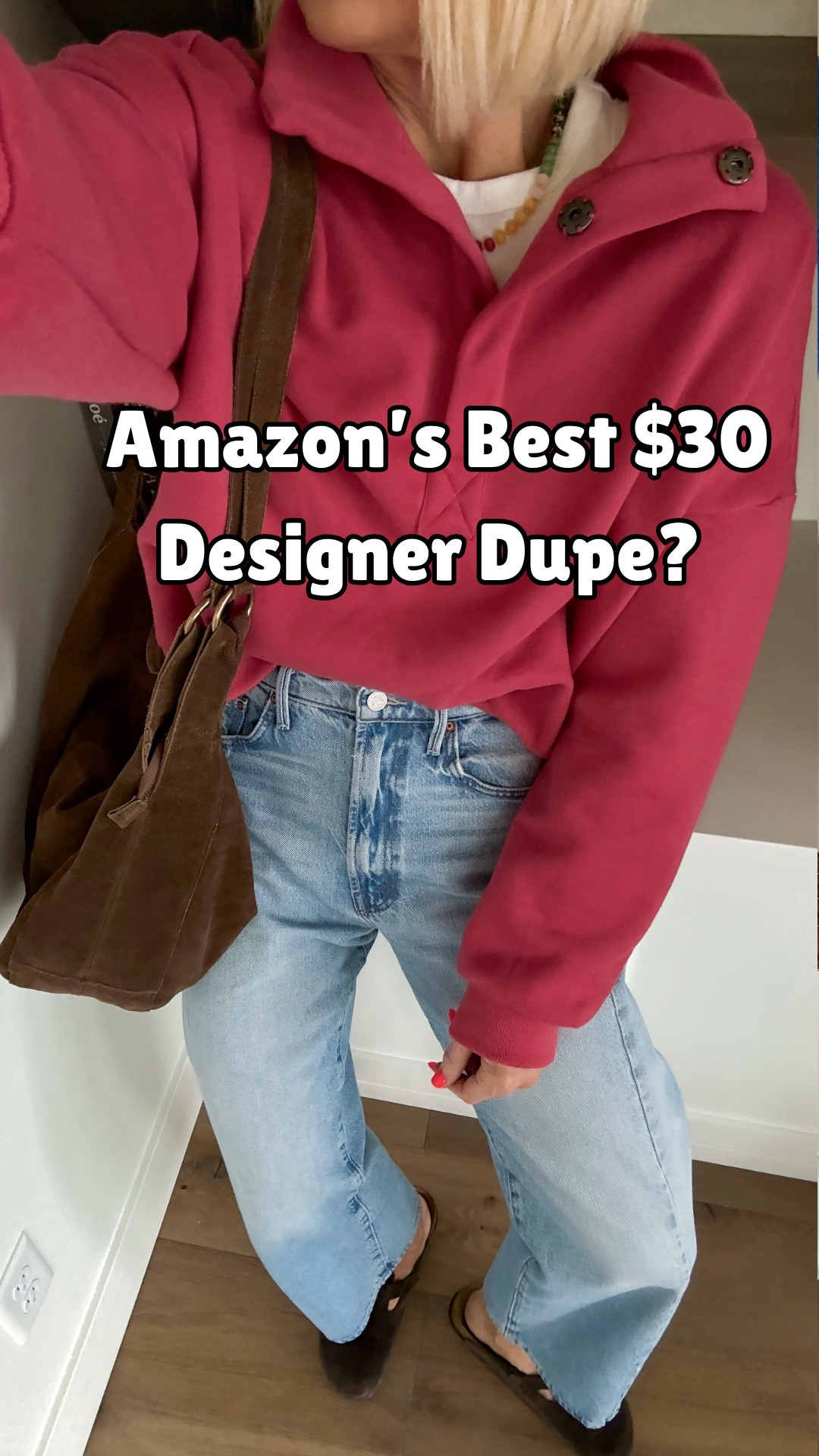If you love a good Amazon look for less moment — this one delivers. $30 versus $108 and honestly... I'd never know which was which if I didn't check the tag. 
*Comes in eight colors: wearing red, green yellow, grey & army green.
sizing-
I sized up to a large in the pullover for an extra oversized fit. I'm sure the medium would have been fine.
Jeans fit tts. Wearing size 27

#LTKmomlife #LTKOver40 #LTKdayinmylife