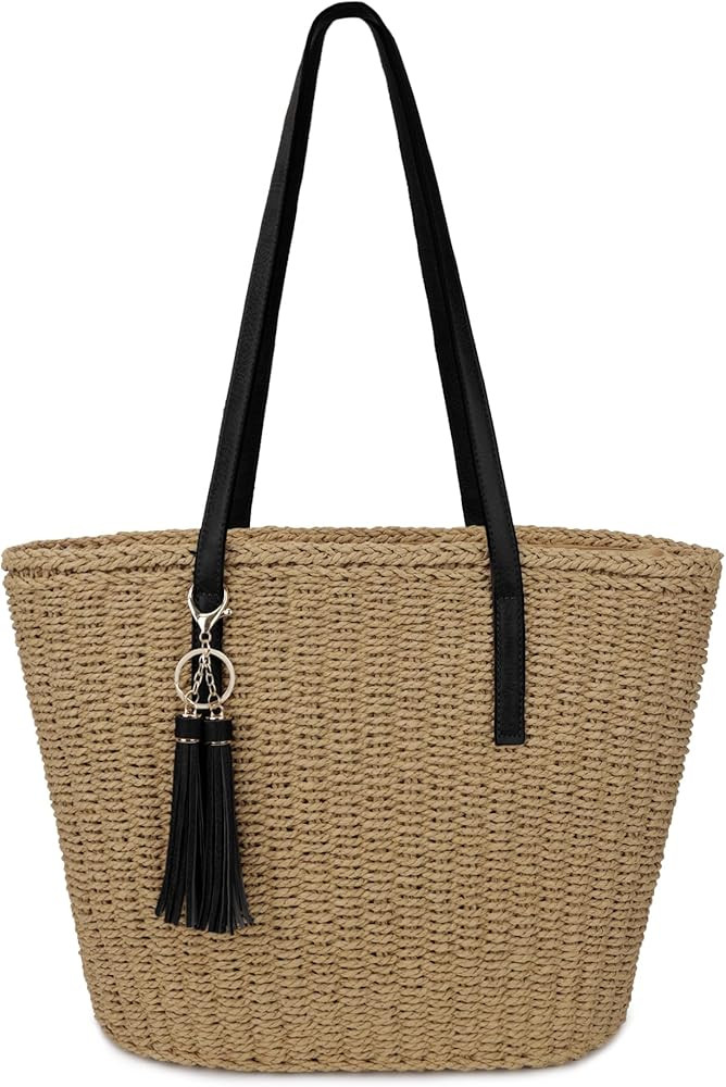 Womens Large Straw Tote Bag Handmade Woven Shoulder Handbag Summer Beach Purse with Tassel | Amazon (US)