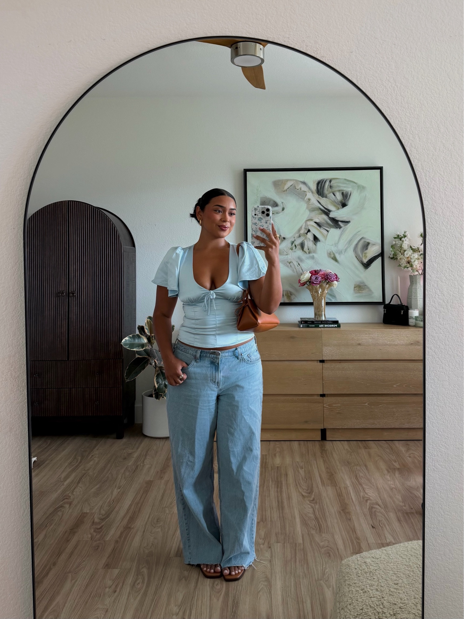 casual spring outfit🩵 top is PrincessPolly, SO CUTE, ruched back and zipper on the side (runs true to size, wearing a US 8), jeans are Abercrombie (my favorite style, runs true to size, wearing a US 30)

#LTKMidsize #LTKootd