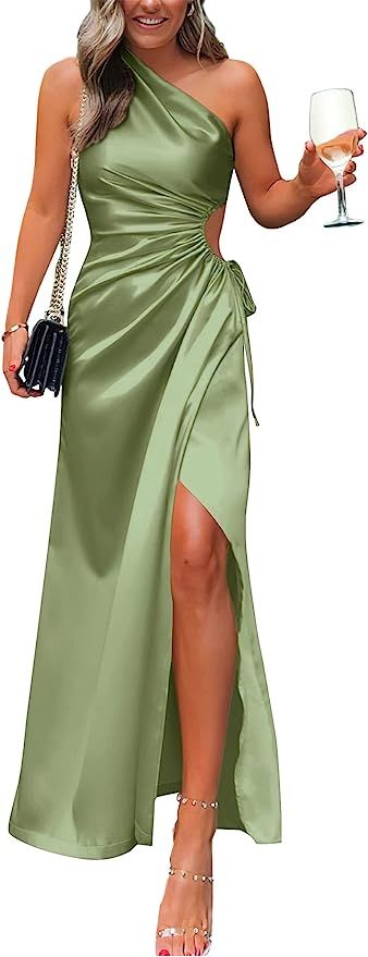 BTFBM Women 2023 One Shoulder Prom Dresses Sleeveless Cutout Ruched Adjustable Split Satin Party ... | Amazon (US)