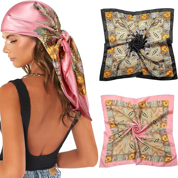 35” Large Satin Square Head Scarf - 2Pcs Silk Like Floral Head Scarves Square Satin Hair Scarf ... | Amazon (US)