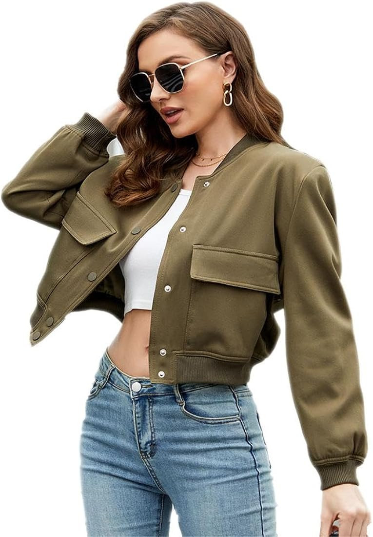 GXFGZZRS Women's Bomber Jacket Cropped Casual Button Down Baseball Jackets Long Sleeve Windbreake... | Amazon (US)