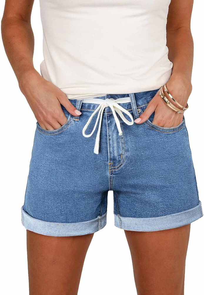 Sidefeel Women's Jean Shorts High Waisted Drawstring Fold Hem Baggy Denim Shorts | Amazon (US)