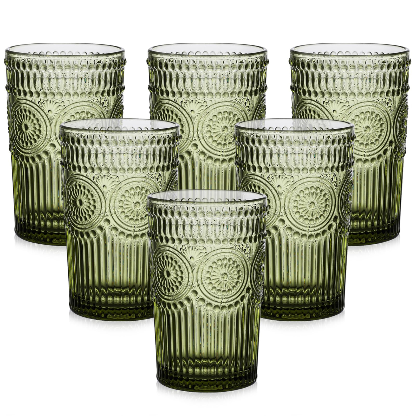 Vintage Glassware Drinking Glasses Set of 6,13 oz Green Textured Flower Design Glass Water Tumble... | Amazon (US)