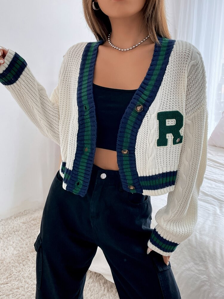 Letter Patched Contrast Trim Drop Shoulder Cable Knit Cardigan | SHEIN