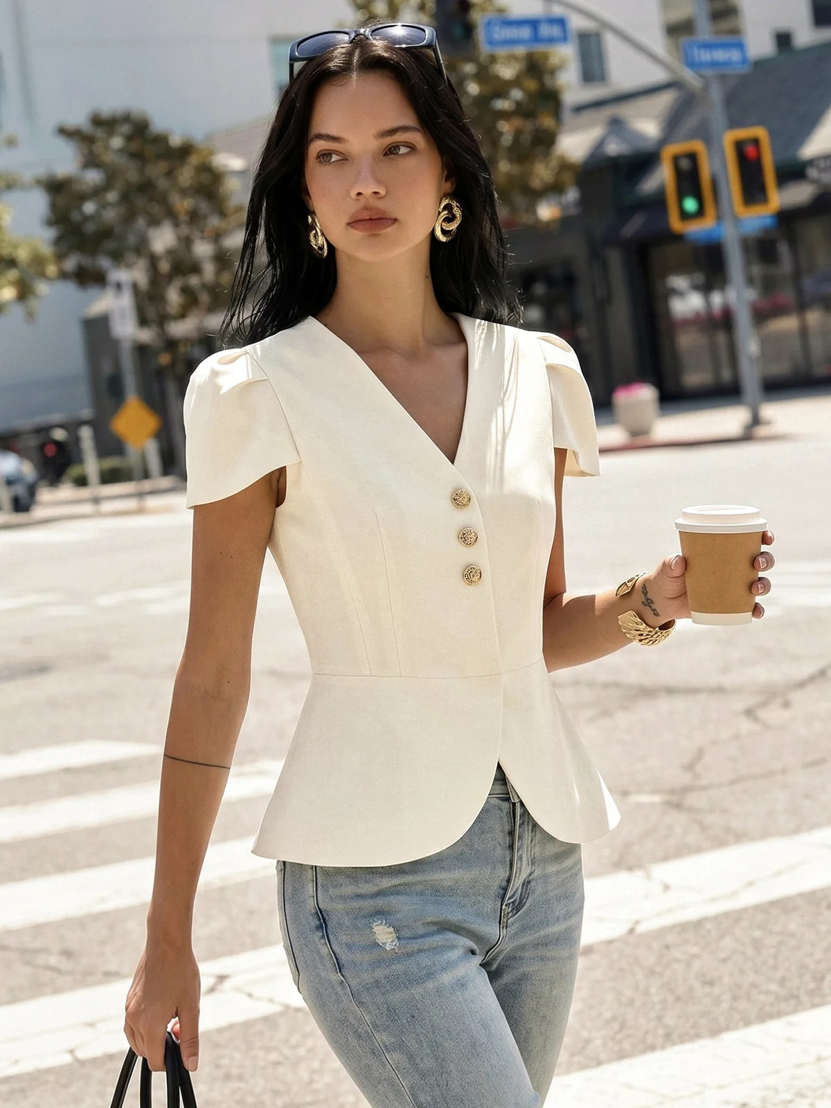 Puff Sleeve Peplum Metal Button Blouse | Commense