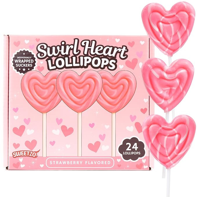 Heart Swirl Lollipops, Individually Wrapped Suckers, Valentine's Day Candy, Strawberry Flavored -... | Amazon (US)