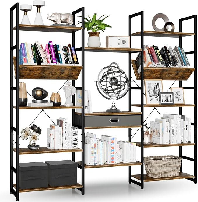 NUMENN Triple Wide 5 Tier Bookshelf, Adjustable Rustic Industrial Style Book Shelves, Modern Book... | Amazon (US)