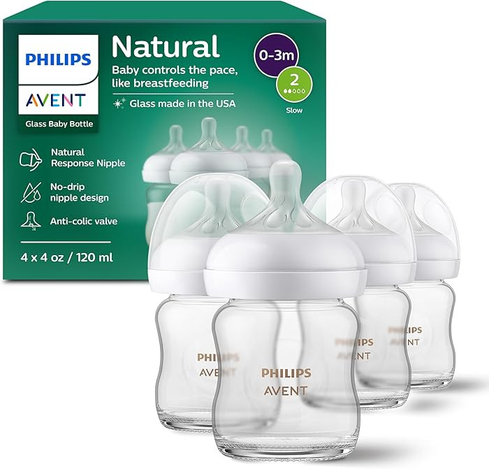 Philips Avent Natural Glass Baby Bottles with Natural Response Nipples (Slow Flow, Flow 2), 4oz, ... | Amazon (US)