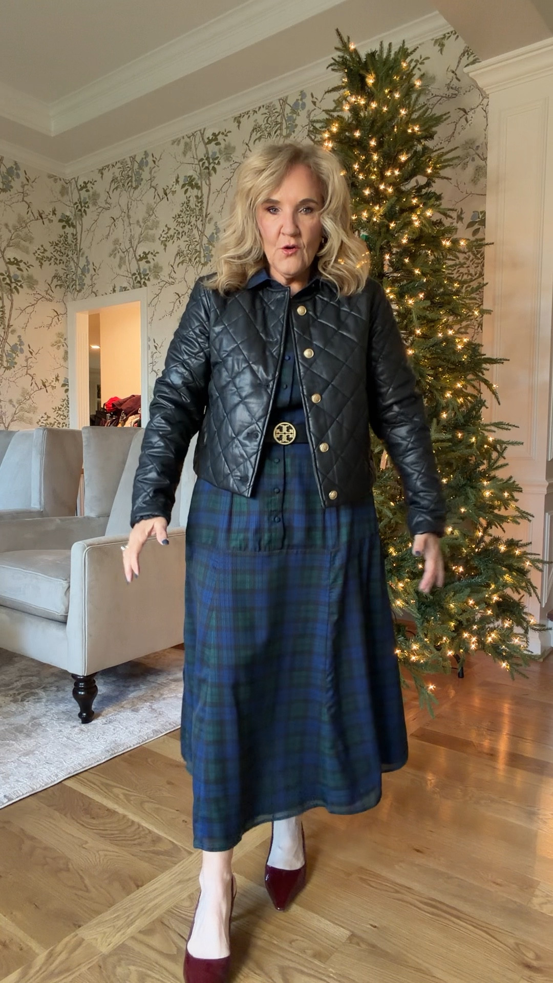 Jacket size medium 
Dress size medium 
Belt tts 

Holiday outfit Walmart fashion quilted leather jacket 

#LTKOver40 #LTKFindsUnder100 #LTKHoliday