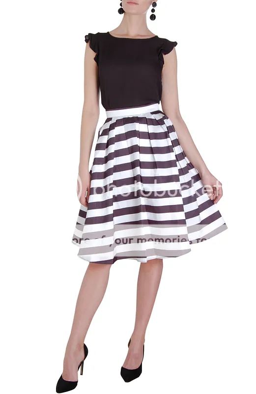 Striped Midi Skirt High Waisted Aline Pleated Swing Fit & Flare, Size Medium In Soft Black/white | Humble Chic (NY)