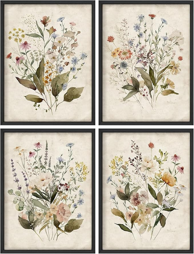 SIGNWIN Framed Set Vintage Wildflower Bouquet Antique Botanical Illustrations Modern Art Decorati... | Amazon (US)