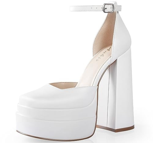 Ankis White Chunky Platform Heels Closed Toe Heels for Women 5.7in Square Toe Platform Pumps White Satin Platforms Heels White Dress Shoes for Wedding Party Pumps Shoes for Women,White,Size 7 | Amazon (US)